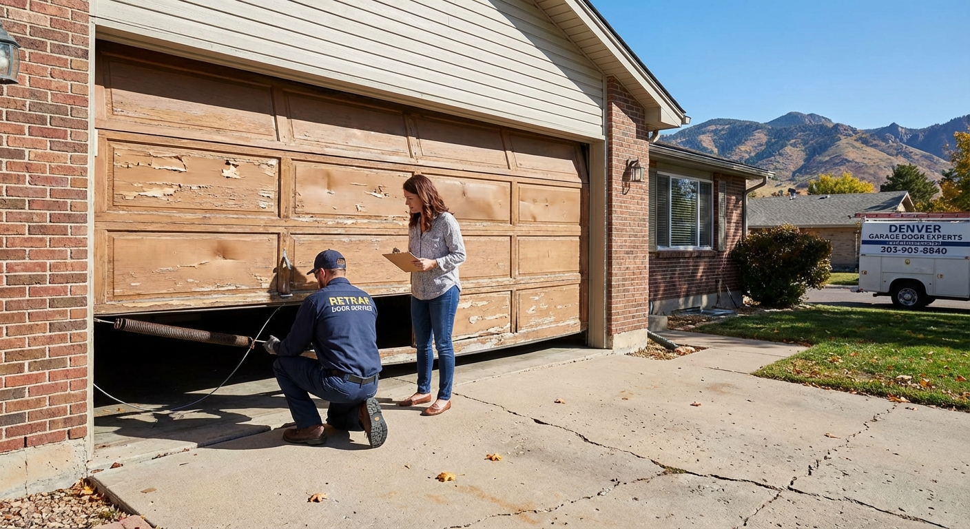 Garage door repair or replacement in Denver - technician inspecting a residential garage door
