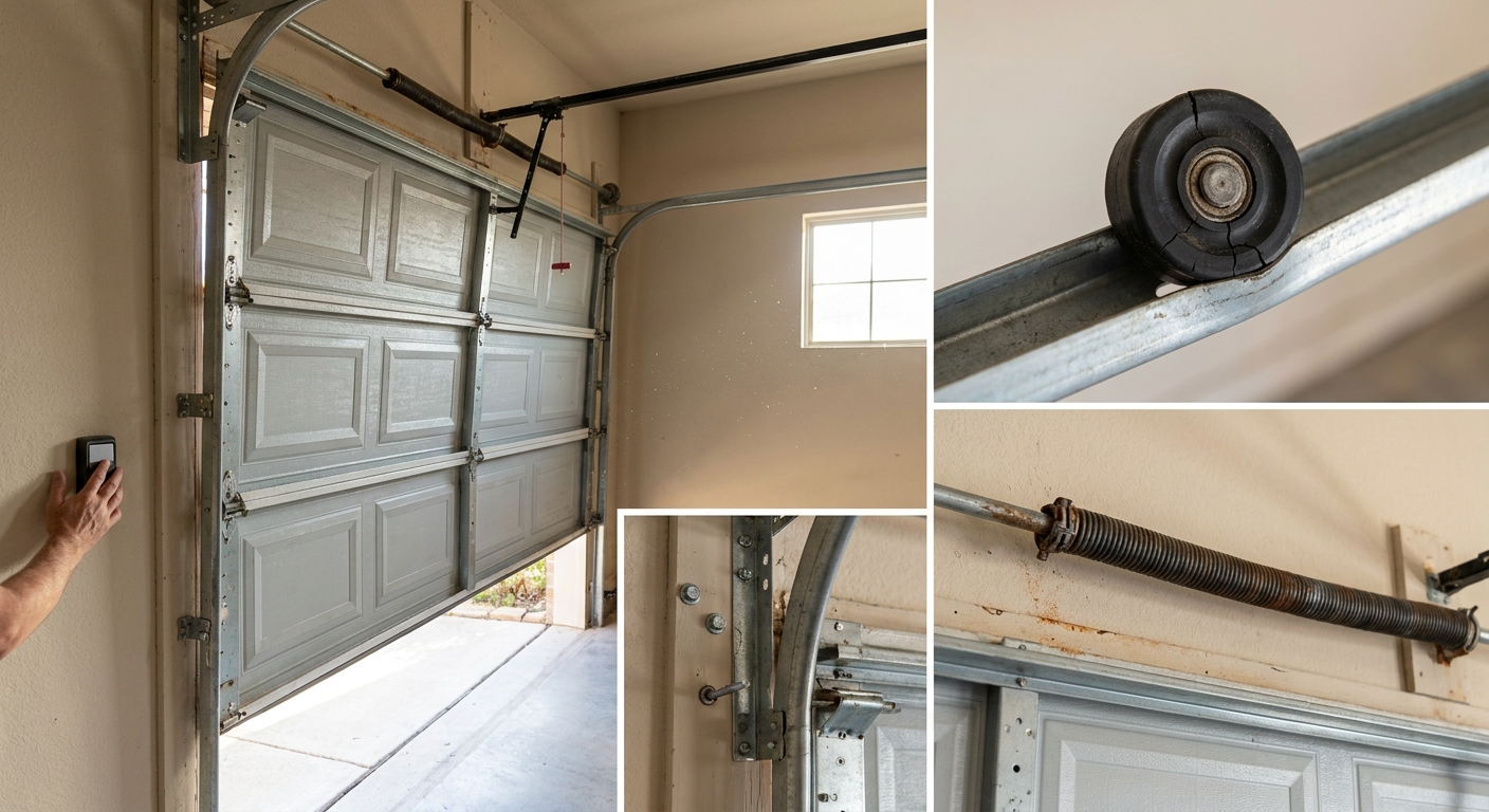 Shaking garage door in Dallas-Fort Worth during opening, showing vibration and uneven movement