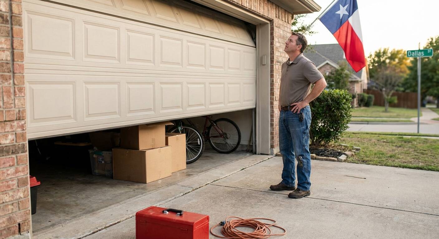 Garage door in Dallas stuck halfway open due to malfunction