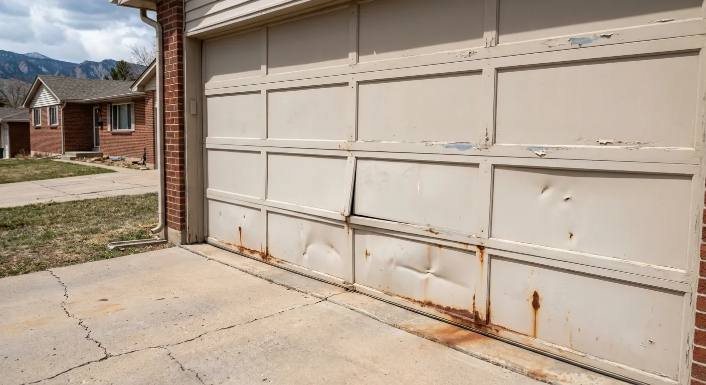 Garage door panel broken and falling out in Denver home