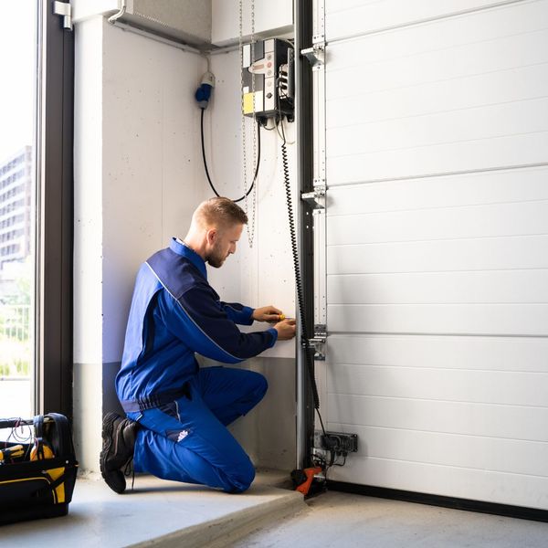 A man in a blue shirt is fixing a hose. showcasing features like garage door services garage door repair garage door installation garage door spring repair.
